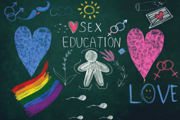 A green chalkboard with coloful doodles of hearts, a rainbow flag, and a person